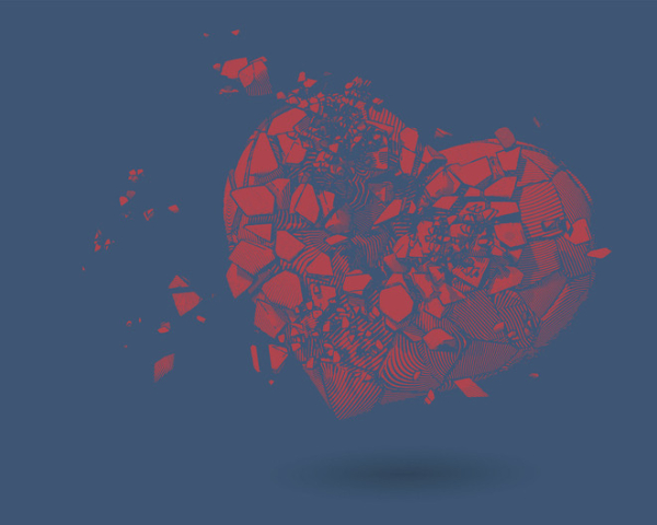 A abstract red heart breaking into many pieces against a dark blue background; concept is miscarriage during a pregnancy